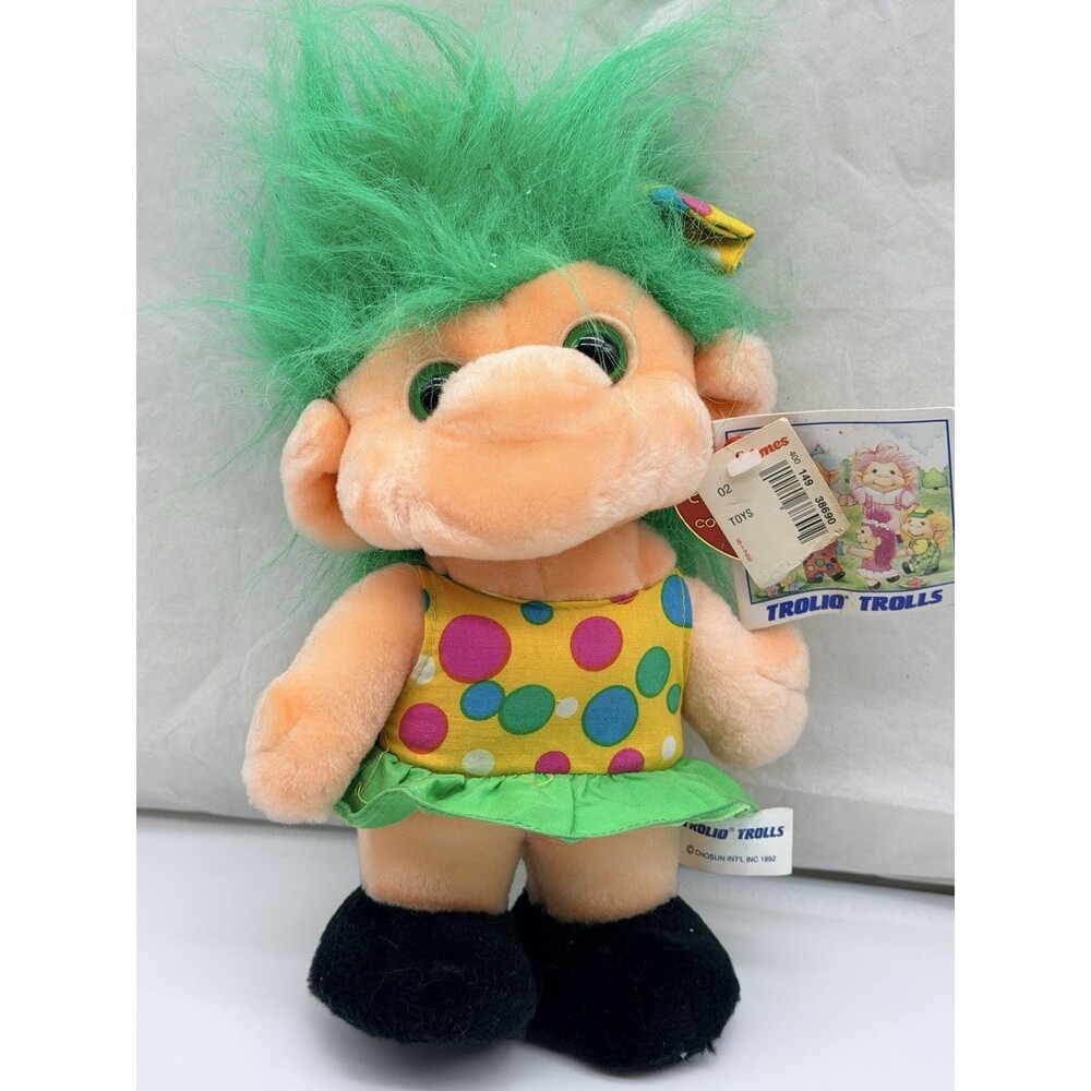 VINTAGE 1992 TROLIO TROLLS GREEN PLUSH SOFT TROLL DOLL 10” STUFFED TOY W/ TAGS